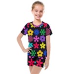 Colorful flowers on a black background pattern                                                            Kids  Mesh Tee and Shorts Set