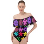 Colorful flowers on a black background pattern                                                                Off Shoulder Velour Bodysuit