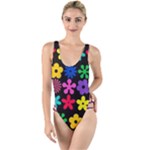 Colorful flowers on a black background pattern                                                          High Leg Strappy Swimsuit