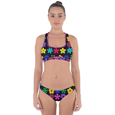 Colorful flowers on a black background pattern                                                           Cross Back Hipster Bikini Set from ArtsNow.com