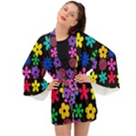 Colorful flowers on a black background pattern                                                         Long Sleeve Kimono