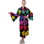 Colorful flowers on a black background pattern                                                         Maxi Tie Front Velour Kimono