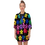 Colorful flowers on a black background pattern                                                         Half Sleeve Chiffon Kimono