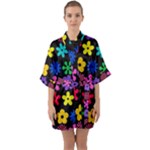 Colorful flowers on a black background pattern                                                           Quarter Sleeve Kimono Robe