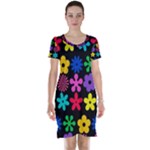 Colorful flowers on a black background pattern                                                            Short Sleeve Nightdress