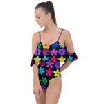 Colorful flowers on a black background pattern                                                            Drape Piece Swimsuit