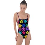 Colorful flowers on a black background pattern                                                            Tie Strap One Piece Swimsuit