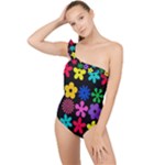 Colorful flowers on a black background pattern                                                            Frilly One Shoulder Swimsuit