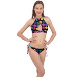 Colorful flowers on a black background pattern                                                            Cross Front Halter Bikini Set