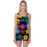 Colorful flowers on a black background pattern                                                            Women s Boyleg One Piece Swimsuit