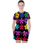 Colorful flowers on a black background pattern                                                            Women s Mesh Tee and Shorts Set