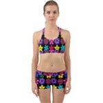 Colorful flowers on a black background pattern                                                            Back Web Sports Bra Set