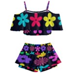 Colorful flowers on a black background pattern                                                         Kids  Off Shoulder Skirt Bikini