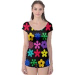 Colorful flowers on a black background pattern                                                            Boyleg Leotard (Ladies)