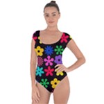 Colorful flowers on a black background pattern                                                            Short Sleeve Leotard