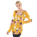 Ice cream on an orange background pattern                                                              Women s Tie Up Tee