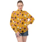 Ice cream on an orange background pattern                                                           High Neck Long Sleeve Chiffon Top