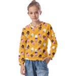 Ice cream on an orange background pattern                              Kids  Long Sleeve Tee with Frill
