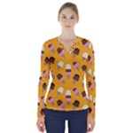 Ice cream on an orange background pattern                                                              V-Neck Long Sleeve Top