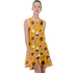 Ice cream on an orange background pattern                                                                Frill Swing Dress
