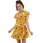 Ice cream on an orange background pattern                                                             Flutter Sleeve Wrap Dress