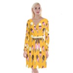 Ice cream on an orange background pattern                                                                 Long Sleeve Velvet Front Wrap Dress