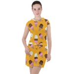 Ice cream on an orange background pattern                                                                            Drawstring Hooded Dress