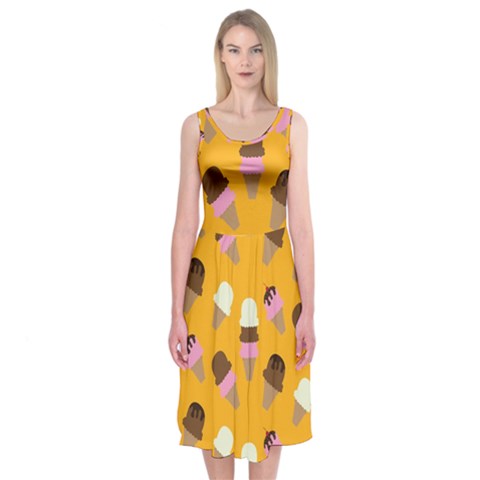 Ice cream on an orange background pattern                                                            Midi Sleeveless Dress from ArtsNow.com