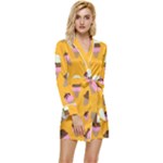 Ice cream on an orange background pattern                                    Long Sleeve Satin Robe