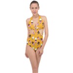 Ice cream on an orange background pattern                                                             Halter Front Plunge Swimsuit