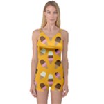 Ice cream on an orange background pattern                                                             Women s Boyleg One Piece Swimsuit