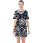Grayscale floral swirl pattern Sixties Short Sleeve Mini Dress