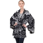 Grayscale floral swirl pattern Long Sleeve Velvet Kimono 