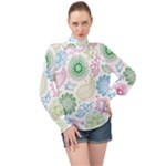Pasley and flowers pattern High Neck Long Sleeve Chiffon Top