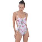 Pink floral pattern background Tie Strap One Piece Swimsuit