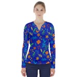 Bright and colorful floral pattern V-Neck Long Sleeve Top