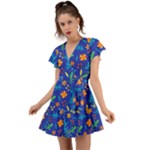 Bright and colorful floral pattern Flutter Sleeve Wrap Dress