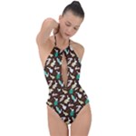 Easter rabbit pattern Plunge Cut Halter Swimsuit