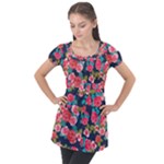 Red roses floral pattern Puff Sleeve Tunic Top