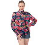 Red roses floral pattern High Neck Long Sleeve Chiffon Top
