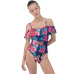 Red roses floral pattern Frill Detail One Piece Swimsuit