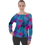 Blue leaves and flowers pattern Off Shoulder Long Sleeve Velour Top