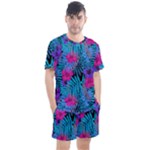 Blue leaves and flowers pattern Men s Mesh Tee and Shorts Set
