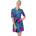 Blue leaves and flowers pattern Belted Shirt Dress