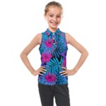 Blue leaves and flowers pattern Kids  Sleeveless Polo Tee