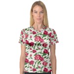 Red flowers floral seamless pattern V-Neck Sport Mesh Tee