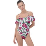 Red flowers floral seamless pattern Frill Detail One Piece Swimsuit