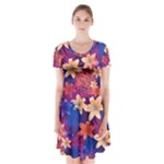 Lilies and palm leaves pattern Short Sleeve V-neck Flare Dress