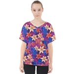 Lilies and palm leaves pattern V-Neck Dolman Drape Top