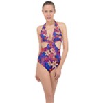 Lilies and palm leaves pattern Halter Front Plunge Swimsuit
